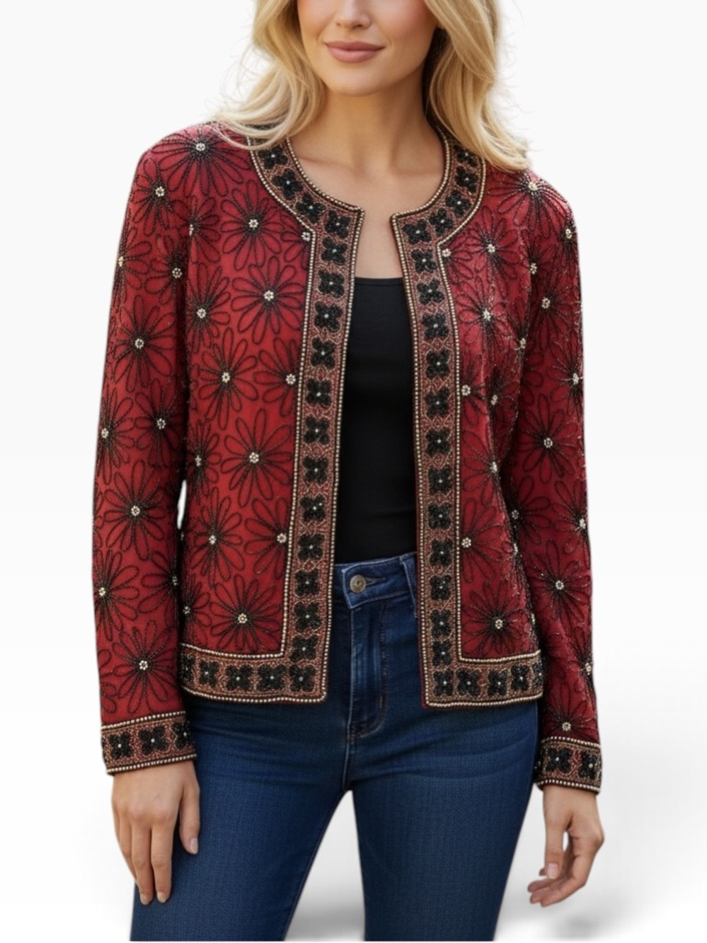 VTG Papell Boutique Evening Silk Beaded Jacket Red Black Floral Embellished XL